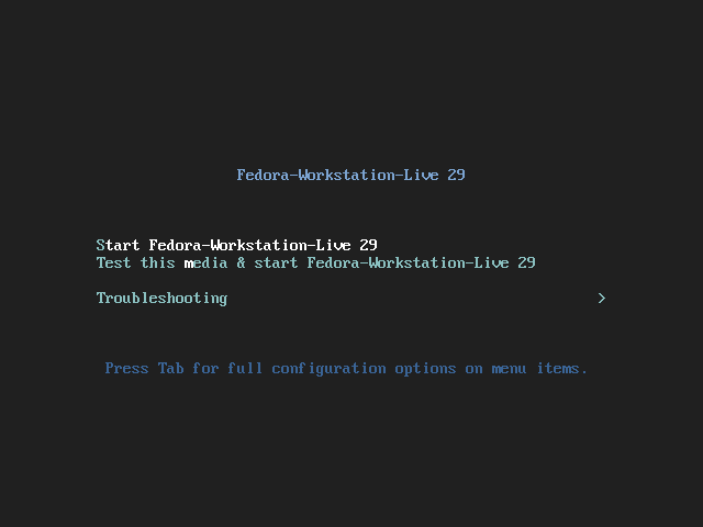 fedora workstation 29 live boot menu