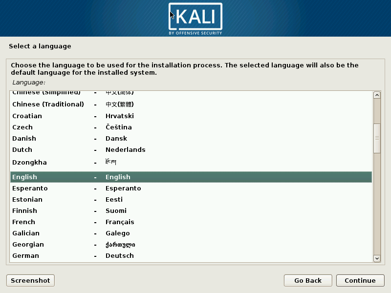 Kali Linux графический выбор языка установки