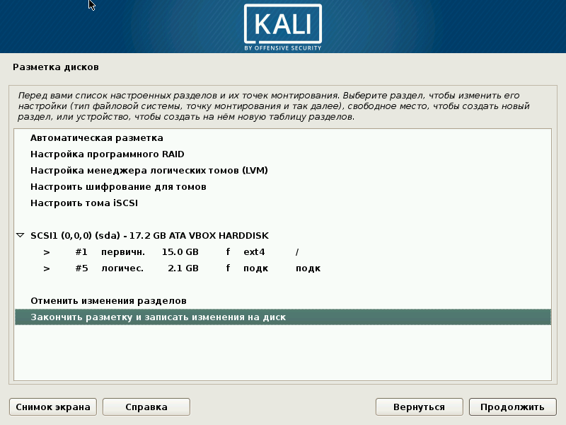 Предварительная схема разметки диска Kali linux